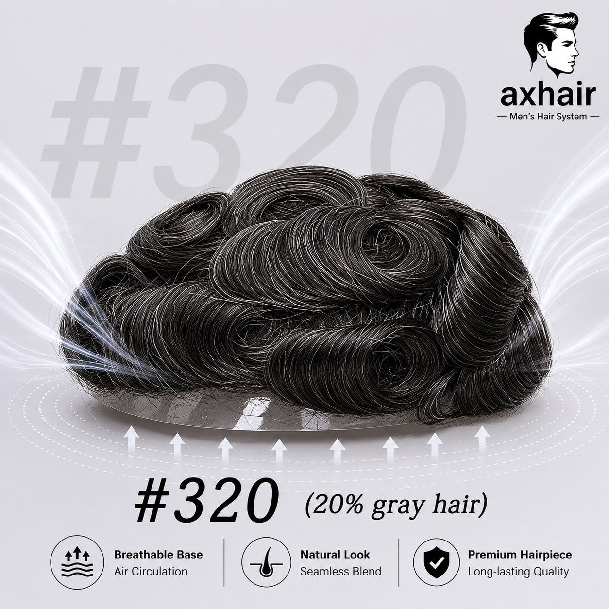 Men's toupee hairpiece, black wavy curls, #320 (20% gray hair)